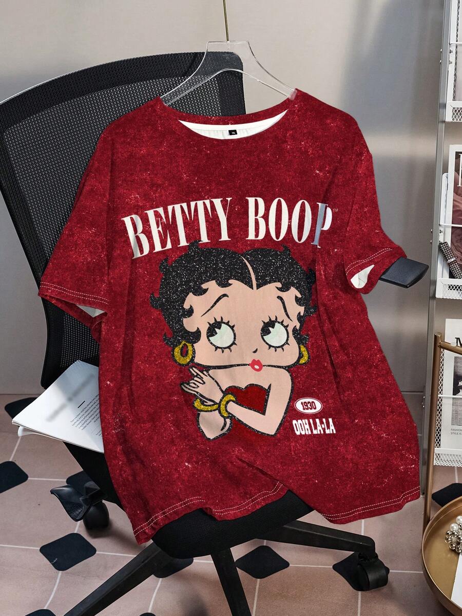 Betty Boop x SHEIN Plus Size Women Casual Everyday Commute Fashion Street Cartoon Character & Letter Print Loose Fit T-Shirt, Summer - White - View 1