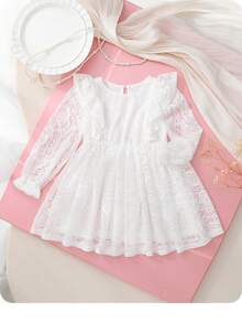 SHEIN Baby Girl Elegant Cute Lace Ruffle Hem Dress - White - View 4