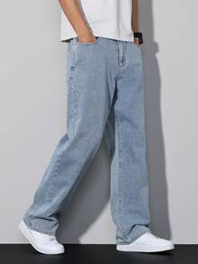 Manfinity Homme Loose Fit Men's Slant Pocket Straight Leg Jeans Mens Light Wash Wide Leg Jeans - Light Wash - View 6