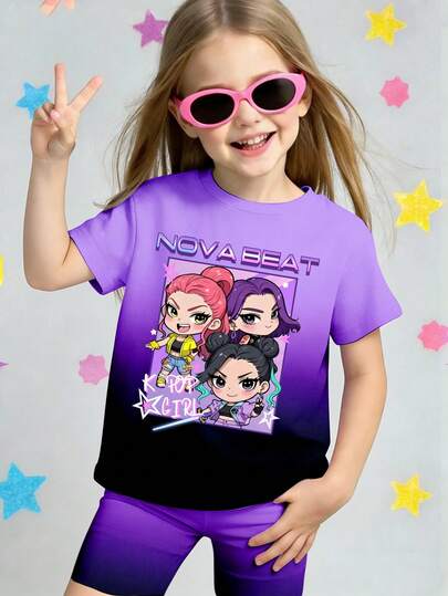 1 Set Moda casual para niñas jóvenes Conjunto de camiseta de punto de manga corta con estampado tie-dye de chica de dibujos animados K-POP y shorts a juego con estampado tie-dye, conjunto de camiseta cómoda para uso diario y casual de vacaciones para niñas jóvenes