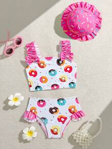 女婴沙滩装套装，泳衣配甜甜圈帽，可爱粉色甜甜圈印花，荷叶边装饰，时尚休闲优雅少女运动活泼可爱，适合游泳、海滩、泳池、拍照、送礼、水上乐园、水疗中心、夏季 - 粉色 - 查看 3