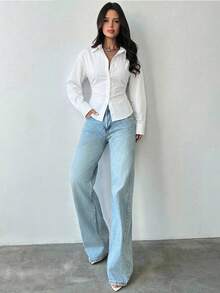 Firerie Women's Blue And White Striped Long Sleeve Shirt, Tie-Waist Shirt, Casual Commuter Shirt, Vacation Shirt, Cinched Waist Striped Shirt, Suitable For Spring, Summer, Autumn And Winter, Elegant, Vacation, Bohemian, Work Attire White Blouses Elegant Women White Shirt White Long Sleeve Blouse - White - View 7