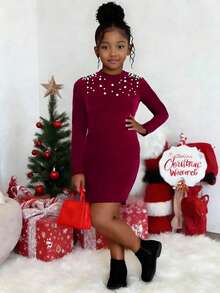 Tween Mädchen Kleid, burgunderrot, süß, elegant, Rundhalsausschnitt, eng anliegend, Samtimitat, mit Perlenbesatz, für Partys, Zusammenkünfte, Kunstperle, Samt, Neujahr - Bordeaux - Übersicht 6