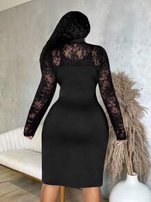 Slaydiva Plus Size Women's Elegant Black Autumn Formal Bodycon Dress,Long Lace Sleeve Evening Night Out Club Outfit,Vintage Solid Cocktail Party Gown - Black - View 3