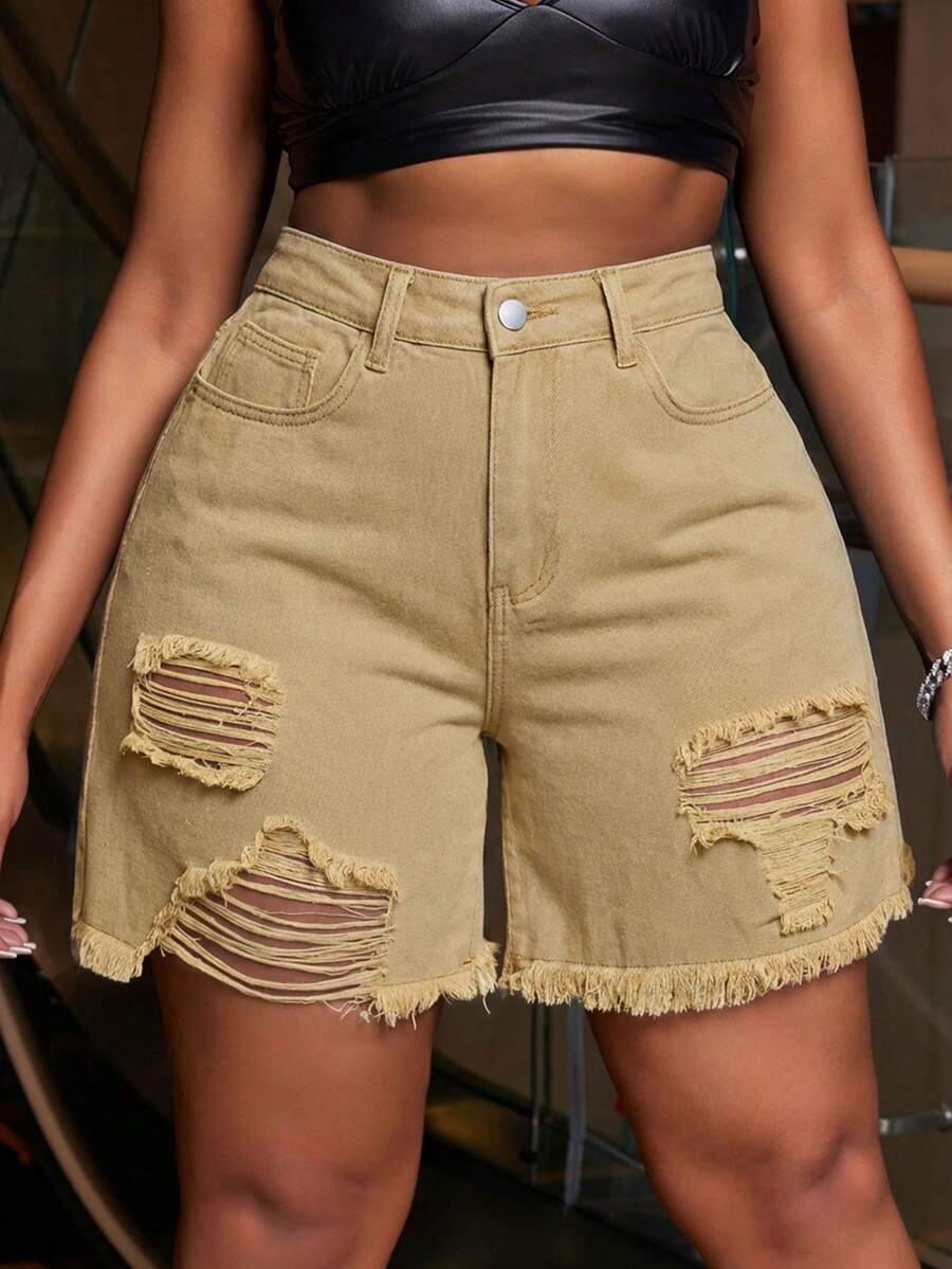 Slaydiva Plus Size Solid Color Casual Denim Shorts - Khaki - View 1