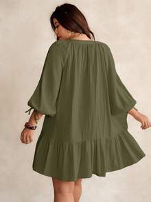 Elaquor 大码女式纯色V领灯笼袖荷叶边下摆休闲宽松连衣裙