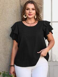 EMERY ROSE 大码女式夏季休闲度假乡村风圆领双层荷叶袖短袖纯色黑色衬衫，适合春假、度假、外出，2026新款，简约时尚，日常穿着舒适，休闲度假波西米亚风上衣，荷叶袖上衣，黑色夏季上衣，女士夏季衬衫，适合夏季、度假、通勤、日常穿着，褶皱上衣，夏季上衣 - 黑色 - 查看 4