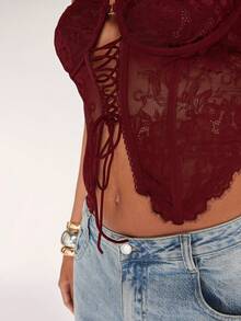 SHEIN BAE 女士性感蕾丝透视系带吊带背心，适合约会之夜、闺蜜聚会、生日派对、鸡尾酒会、夜店、节日派对等场合。 - 酒紅色 - 查看 8