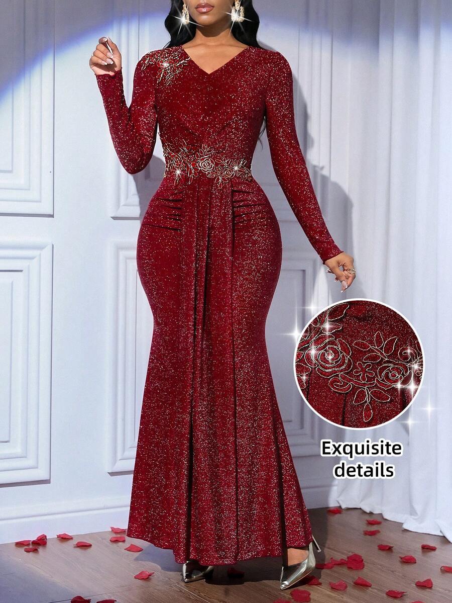 SHEIN Lady 酒红色V领亮片拼接扭结前襟修身优雅长袖连衣裙 - 酒紅色 - 查看 1