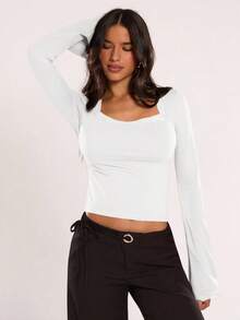 SHEIN BAE Damen Einfarbiges Schwan Kragen Kontrast Spitze Langarm Figurbetontes Mode T-Shirt - Weiss - Übersicht 4