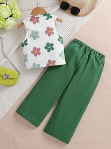 SHEIN 女童两件套度假夏季沙滩无袖上衣+宽松直筒裤套装，适合假日旅行，绿色套装，女童编织套装 - 綠色 - 查看 2