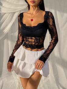 SHEIN EZwear Valentine's Day Fashionable Sexy Black Lace Backless Bodycon Top For Women Lacey Top - Black - View 7