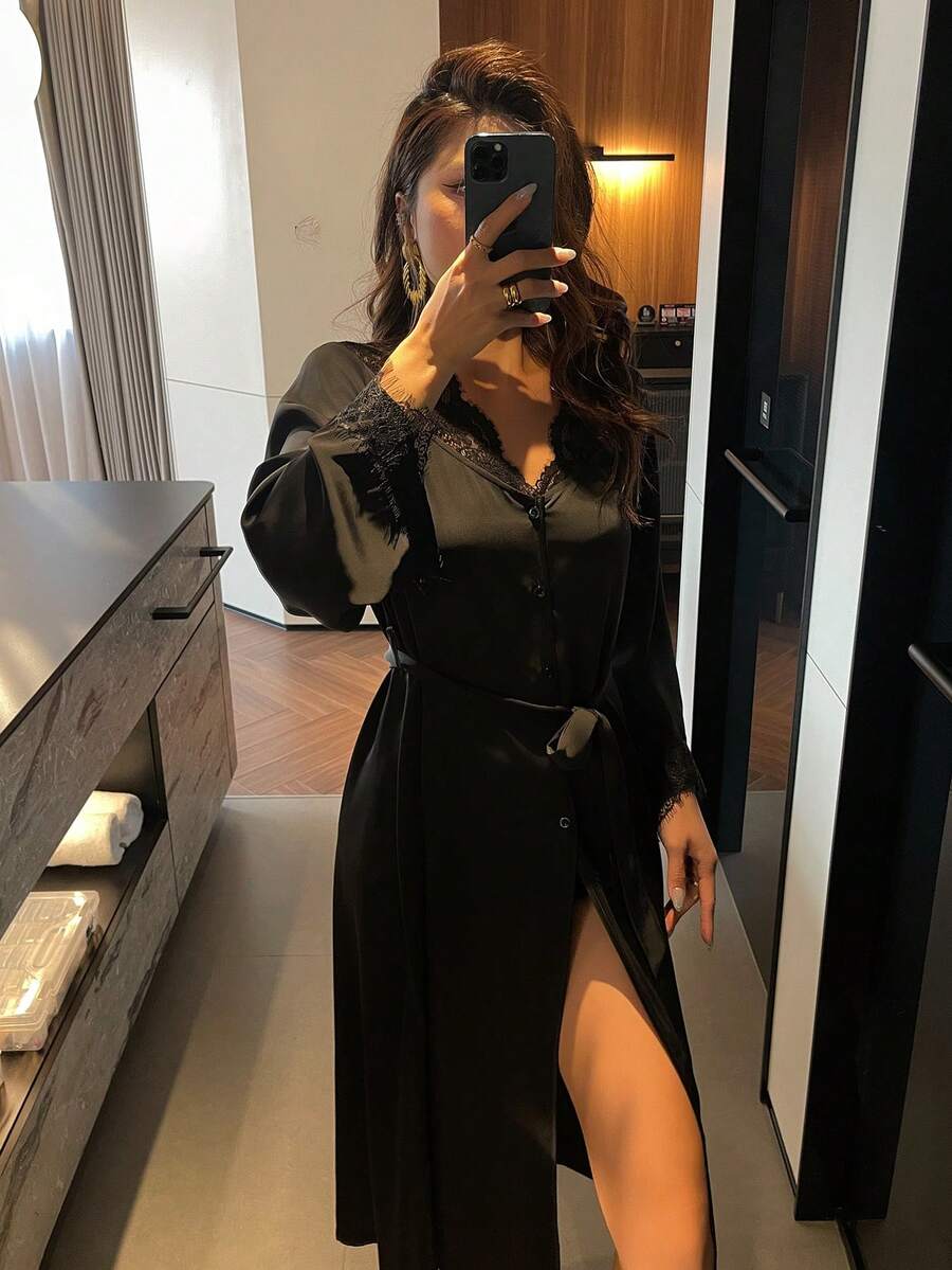 DAZY Lace Patchwork Tie-Up Loose Long Sleeve Long Women Sleepwear Robe - Black - View 1