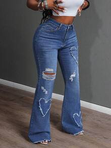 SHEIN SXY 大码女式牛仔风蓝色弹力爱心刺绣破洞喇叭牛仔裤，秋季穿搭 - 藍色 - 查看 5