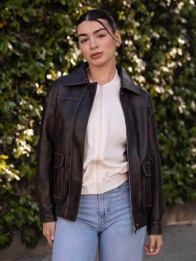 Andrea Bello 女式纯色翻领口袋长袖夹克