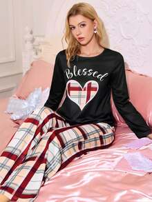 SweetSlumber Sweet & Cute Plaid, Heart, Contrast Color Print Pajama Set, Long Sleeve Top & Pants, Ins Soft Pink Women Sleepwear Set, Autumn/Winter - Multicolor - View 1