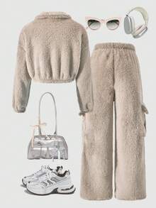 SHEIN ChillGRL 2pcs/Set Tween Girls Soft Fleece Turtleneck Jacket & Cargo Pants,Khaki,Winter,Casual,Family Matching Loose Street Style Autumn Outfits - Apricot - View 2