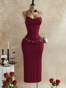 Soleia 休闲浪漫度假风白色豹纹深V领性感露背系带连衣裙 - 紅色 - 查看 5