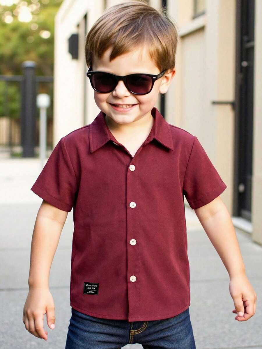 SHEIN Classic Retro Collegiate Style Casual Burgundy Shirt, Suitable For Boys, Everyday Wear, Home, Party, Spring/Summer - Multicolor - View 1