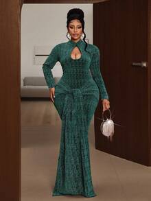 Maweii 大码女式镂空长袖扭腰修身优雅连衣裙，秋冬款 - 彩色 - 查看 4