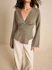 Poéselle 女士交叉裹身长袖褶皱不对称条纹衬衫 - 卡其色 - 查看 5