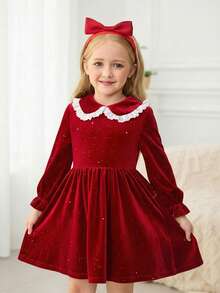 Emery Rose Kids Emery Rose Kids فستان مخملي أنيق وأنيق للفتيات الصغيرات مزين بنجوم لامعة ولامعة. مع تصميم طوق من الدانتيل والأكمام الطويلة ، إنه كاجوال وبسيط وأنيق ، مناسب لموسم الزفاف ، والأسلوب الأنثوي ، وفصلي الخريف والشتاء ، مناسب للأعياد والحفلات والارتداء اليومي وفساتين عيد الميلاد وأزياء الأميرات ، ومناسب للأزواج الأم-ابنة أو الأخوات.