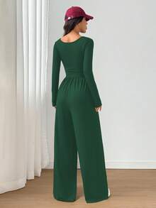 SHEIN Unity 女士纯色方领长袖褶皱休闲阔腿连体裤 - 墨綠色 - 查看 2