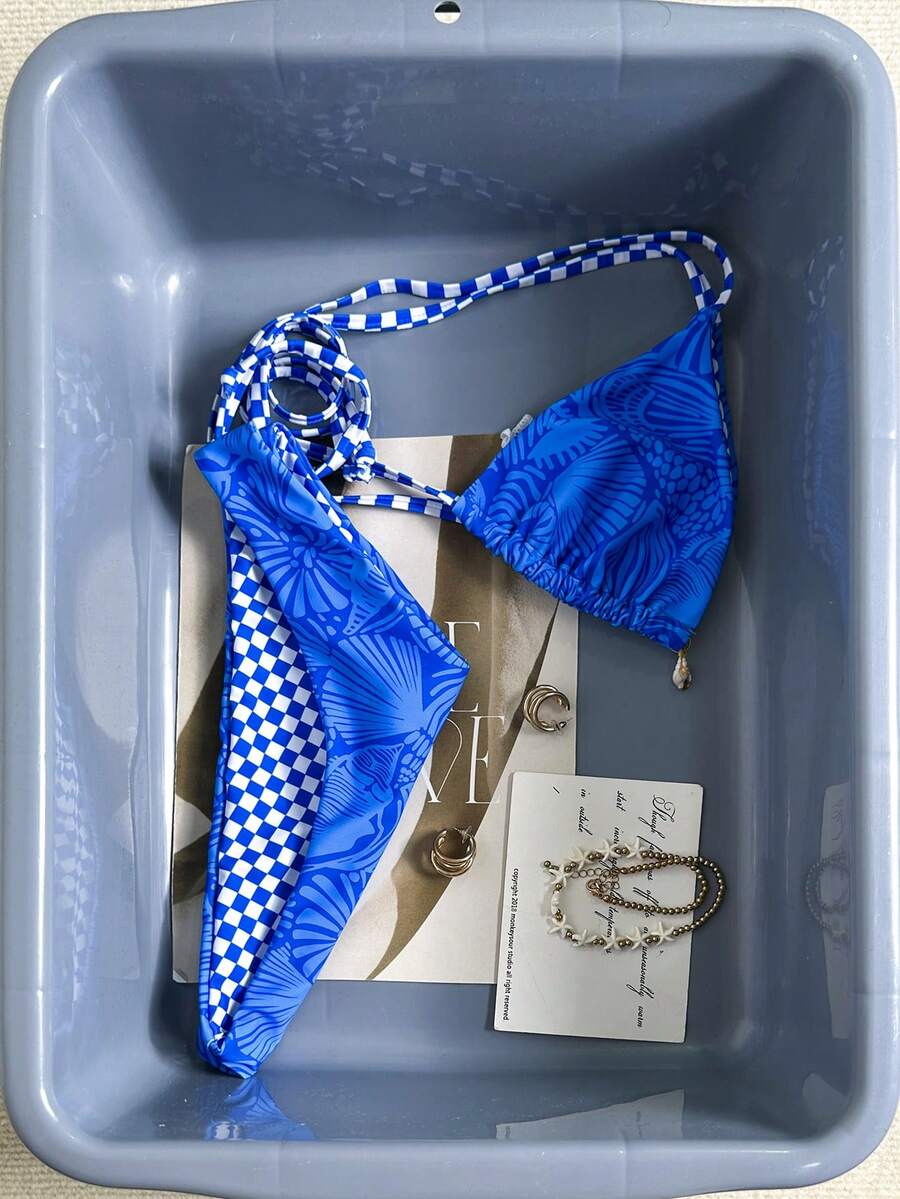 Swim Mod 2022 Spring/Summer Vacation Beach Blue Shell & Starfish Checkered Cute Bikini Set - Blue - View 1