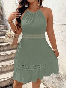 SHEIN Clasi Đầm nữ cổ cao không tay phối ren - màu xanh lá - Xem 4