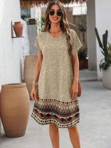 EMERY ROSE Đầm midi nữ cổ chữ V họa tiết hình học cổ điển, tay raglan, kiểu dáng thường ngày, thích hợp cho kỳ nghỉ hè, đi nghỉ mát. - Nhiều màu - Xem 7