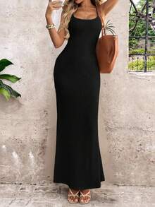 SHEIN LUNE Women's Black Knitted Spaghetti Strap Sleeveless Rib-Knit Maxi Cami Dress Casual Plain Mermaid Hem Long Dress Long Black Dress Tight Long Dress Knit Maxi Dress Bodycon Maxi Dress - Black - View 5