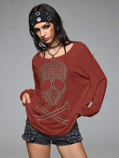 Grunge Punk Camiseta de manga larga con cuello redondo, holgada y oversize, con gráfico de calavera, remaches y rhinestones