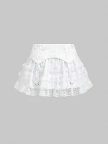 ROMWE Valentine's Day Gothic Jacquard Mesh Lace Patchwork Cake Hem Women Low Waist Mini Skirt - White - View 2