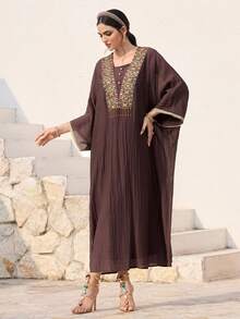 Al Najma 新款刺绣流苏边饰宽松舒适休闲度假连衣裙 - 棕色 - 查看 5