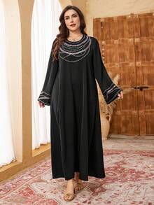 Al Najma جلابيات قفاطين رمضان فستان أنيق بياقة مستديرة وأكمام واسعة مزين بالخرز، للربيع/الصيف - الأسود - مشاهدة 5