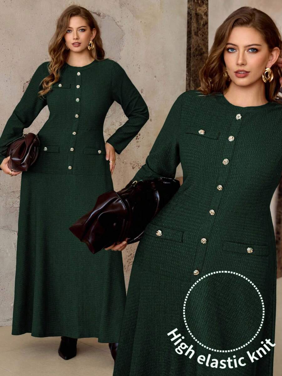Roveilla Sophisticated Plus Size Dark Green Long Dress With Button Front Details And Round Neckline - Dark Green - View 1