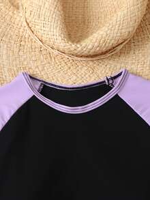 SHEIN Tween Girl Color Block Round Neck Raglan Sleeve Top And Shorts Casual Beach Swimsuit Set - Purple - View 6