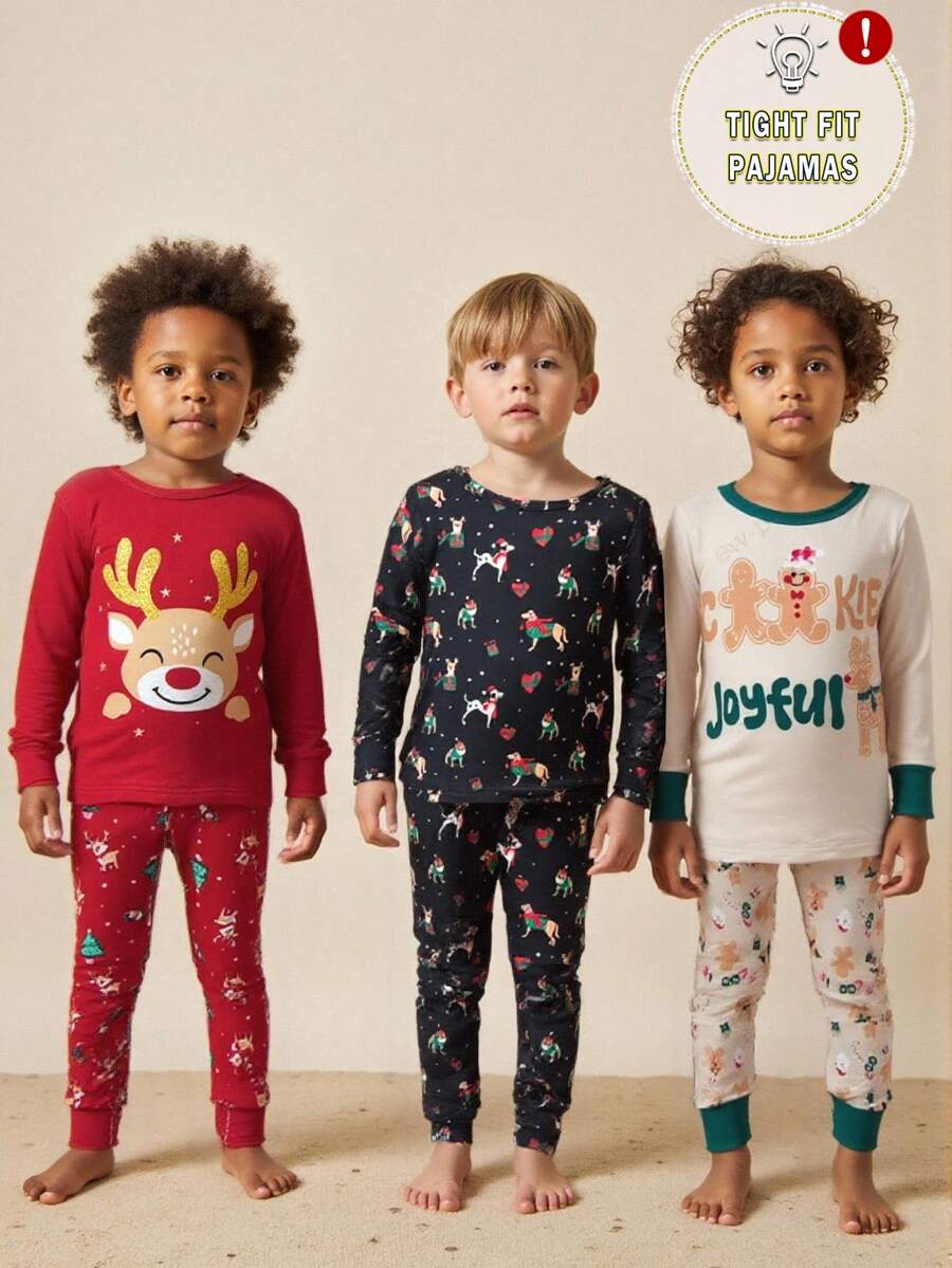 Snug Fit Pajama Set For Toddler Boys,Red Autumn Graphic Long Sleeve Top And Pants,Christmas Reindeer Gingerbread Man Letter Puppy Print Lounge Wear - Multicolor - View 1