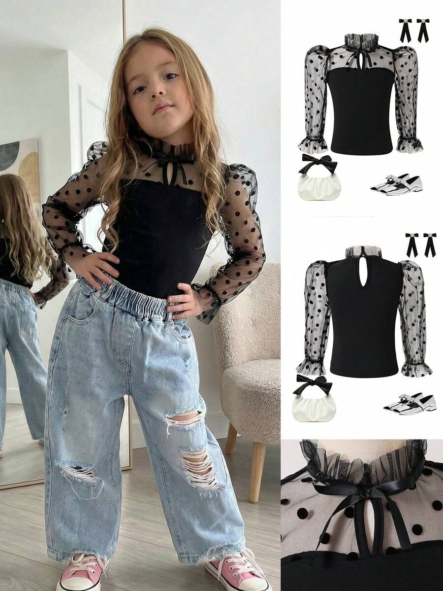 SHEIN Young Girls Elegant Black Ruffle Trim Collar Splice Sheer Beaded Long Sleeve Black Blouse, Valentine's Day Matching Mother-Daughter Polka Dot Blouse Black And White Blouse Bow Neck Blouse Sheer Sleeve Top High Neck Polka Dot Top - Black - View 1