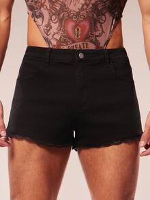 FeverCity Herrshorts i tvättad, lös denim i kontrastfärgad spets för casualbruk - Svart - Visa 6