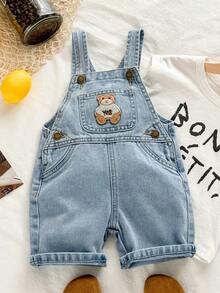 Toddler Boys' Bear Graphic Denim Bib Shorts - Light Wash - View 1