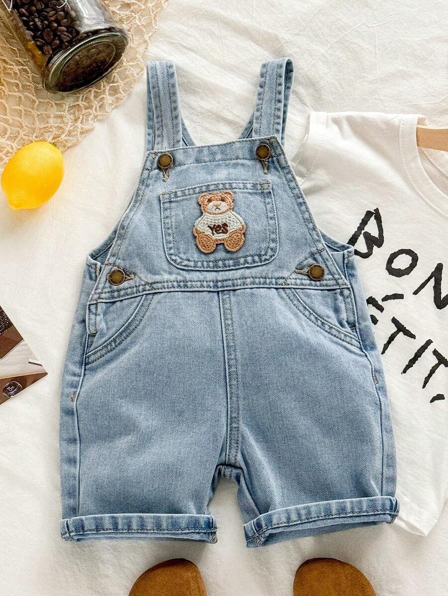 Toddler Boys' Bear Graphic Denim Bib Shorts - Light Wash - View 1
