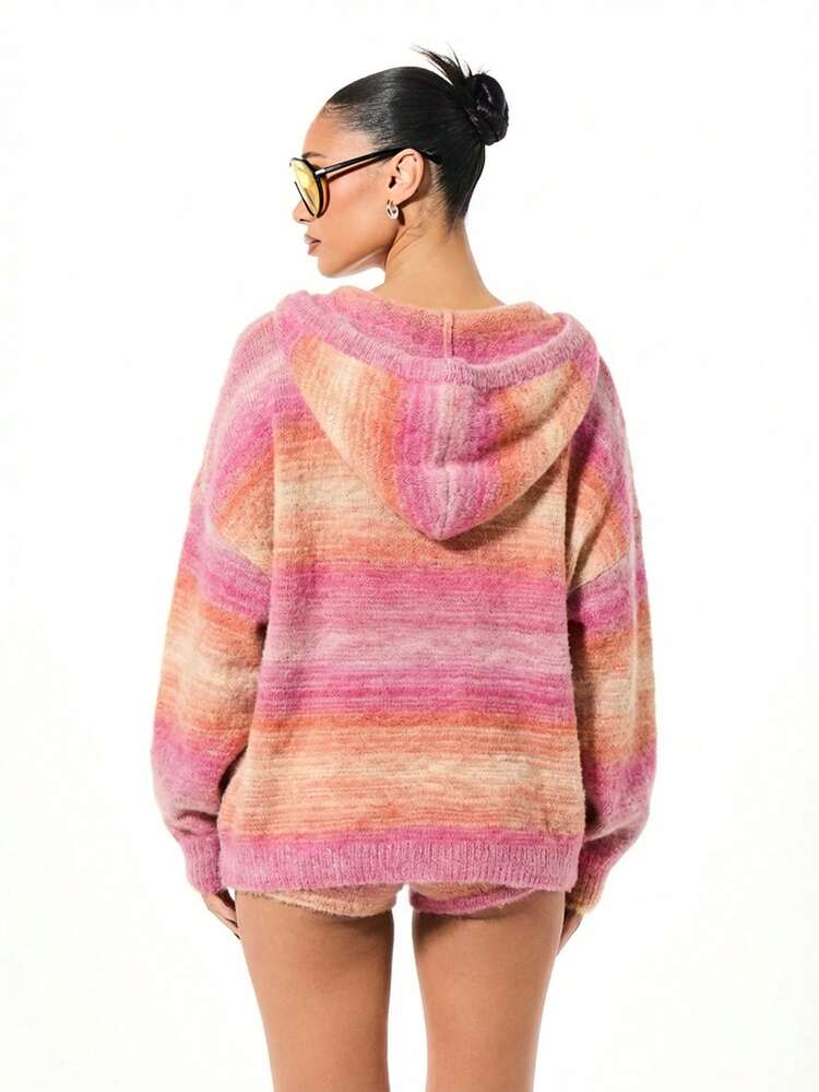 SUMWON Boxy Fit Oversized Fluffy Knit Ombre Striped Zip Through Hoodie Cardigan With Hood Cozy Winter Sweater For Fall