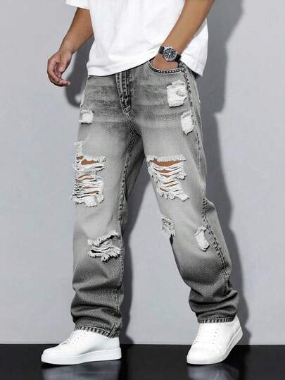 Teenage (Boys) Distressed Straight Leg Jeans, Casual American Vintage Style Skinny Fit Denim Pants