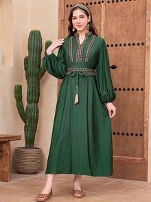 SHEIN Teen Girl Casual Vacation V-Neck Lantern Sleeve Ribbon Decor Dress, Solid Color With Belt, Olive Green Teen Green Dress Modest Green Dress Embroidered Long Dress Bohemian Green Dress Green Long Sleeve Dress - Dark Green - View 4