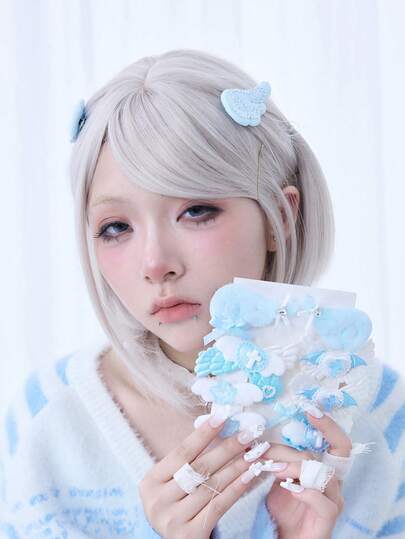 Kawaii 10 Random Cute Handmade Wing Hairpins, Blue Plush Rhinestone Hairpin Combination, Lolita Multi-Piece Hair Accessories Set Combination.