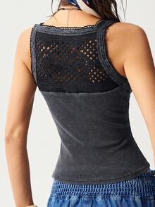 Bohemela 女士休闲纯色针织撞色蕾丝无袖修身背心 - 黑色 - 查看 7