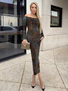 Cioccolato Đầm midi bodycon hở vai dự tiệc ngày lễ, trang phục mùa đông cho nữ - Nhiều màu - Xem 5