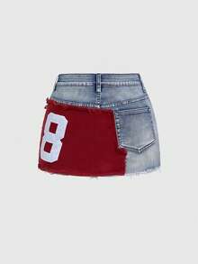 ROMWE Avant Spring/Summer Vintage Distressed Retro Logo Denim Mini Skirt For Women - Baby Blue - View 2