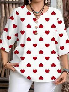 EMERY ROSE 大码红色爱心印花V领休闲衬衫，适合夏季穿着，夏季上衣，白色上衣 - 彩色 - 查看 3